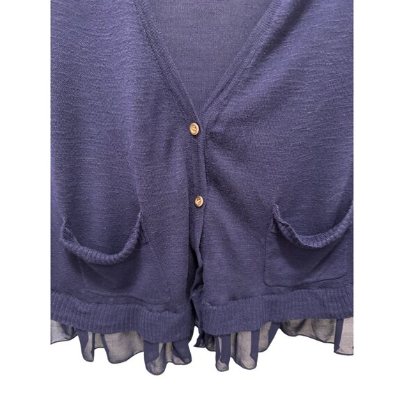 Maison Jules Womens XL Sheer Cardigan With Ruffle Hem & Pockets In Navy Blue Lig - Picture 3 of 7